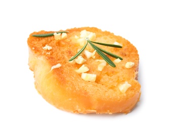 Photo of Slice of garlic bread with herbs isolated on white