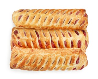 Fresh tasty puff pastry on white background, top view