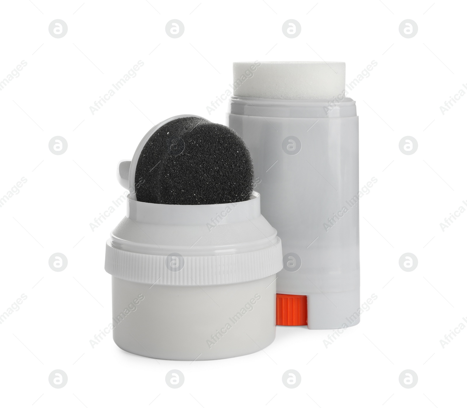 Photo of Set of shoe care products on white background