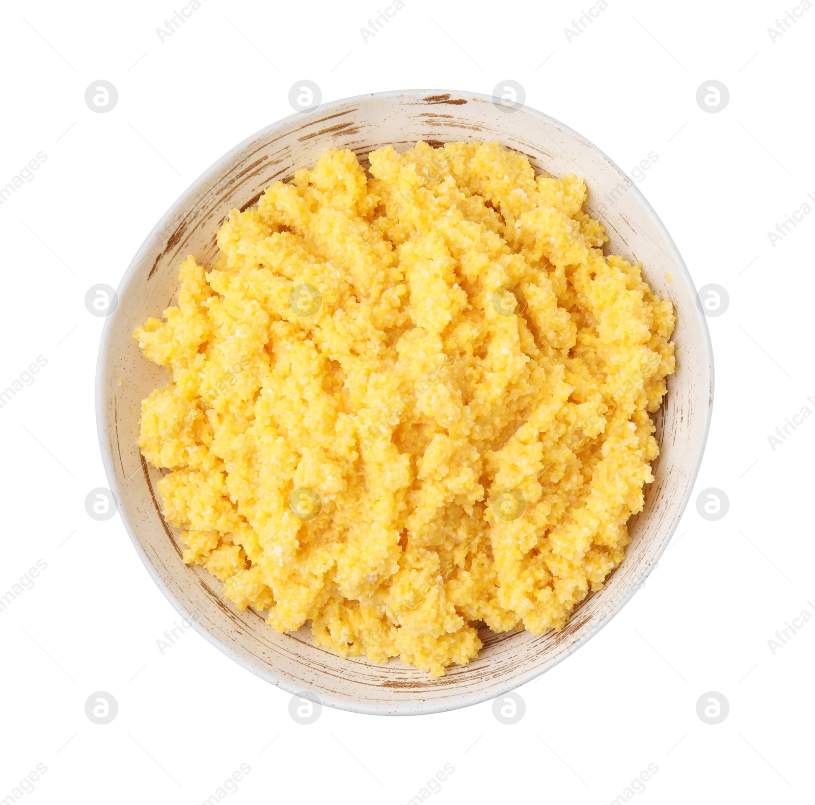 Photo of Tasty cornmeal in bowl isolated on white, top view