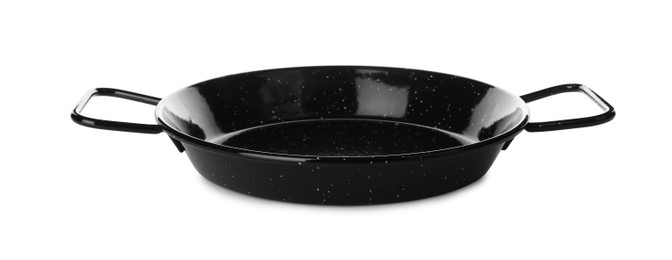 Photo of New black stir-fry pan isolated on white