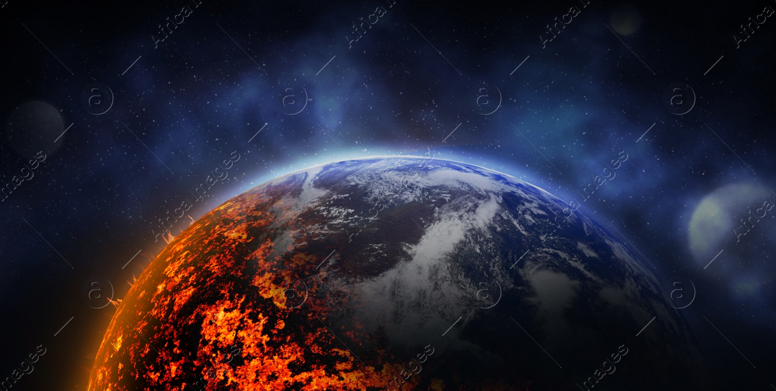 Illustration of Conceptual photo depicting Earth destroyed by global warming. Banner design