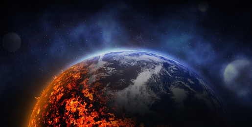 Illustration of Conceptual photo depicting Earth destroyed by global warming. Banner design