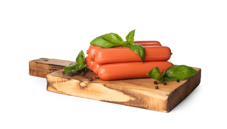 Photo of Raw vegetarian sausages with basil on white background
