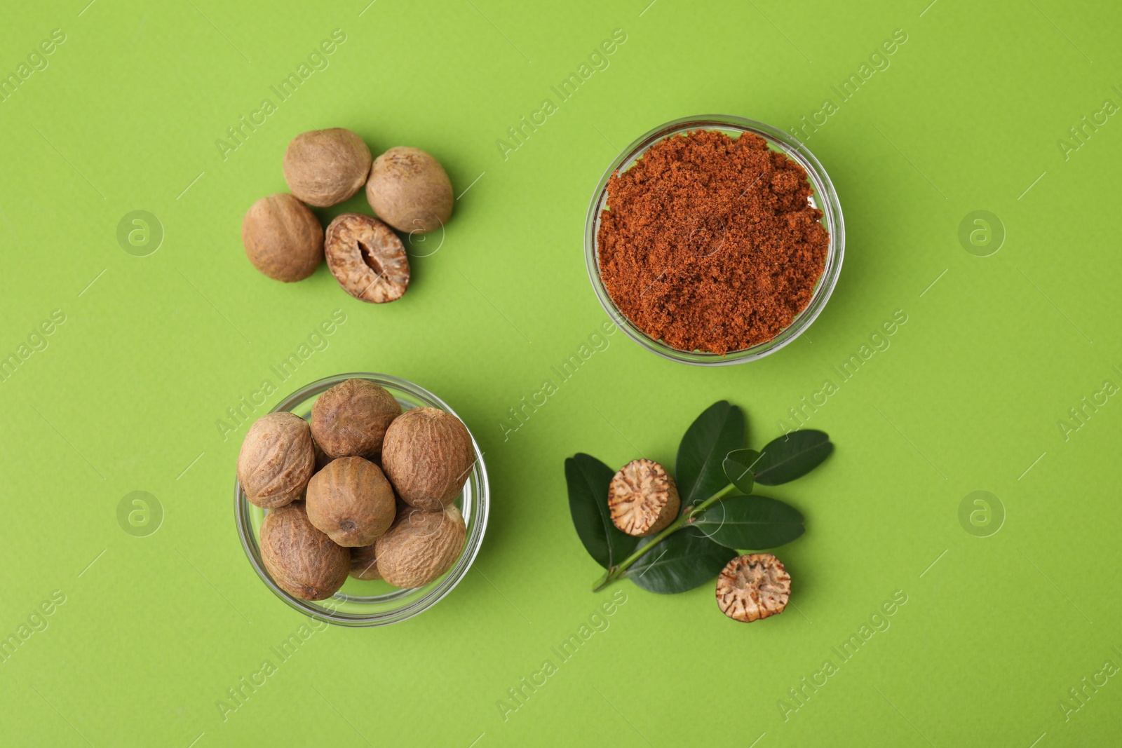 Photo of Nutmeg powder, seeds and branch on light green background, flat lay