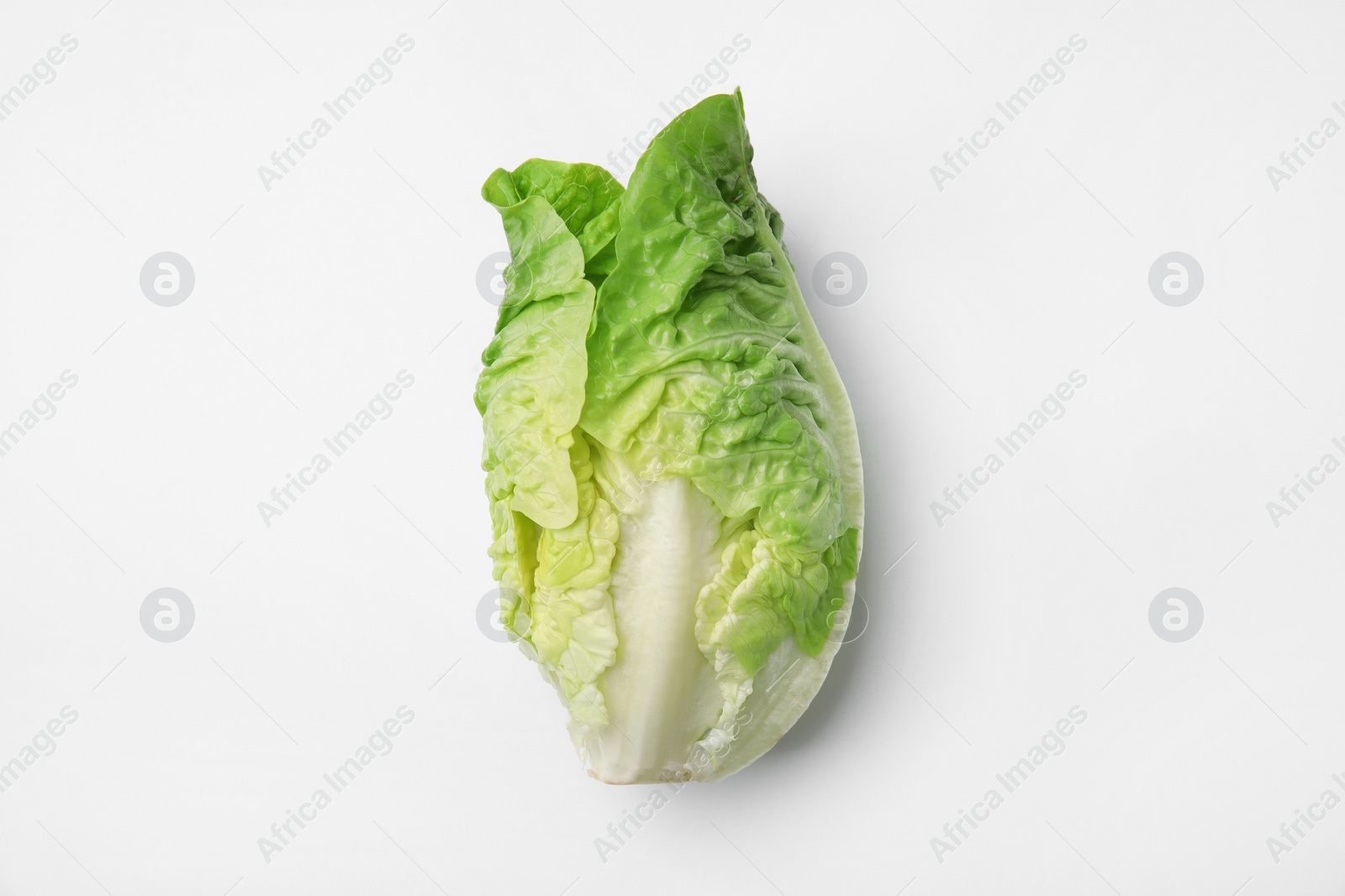 Photo of Fresh green romaine lettuce isolated on white, top view