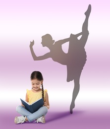 Image of Cute little girl with book dreaming to be ballet dancer. Silhouette of woman behind kid's back