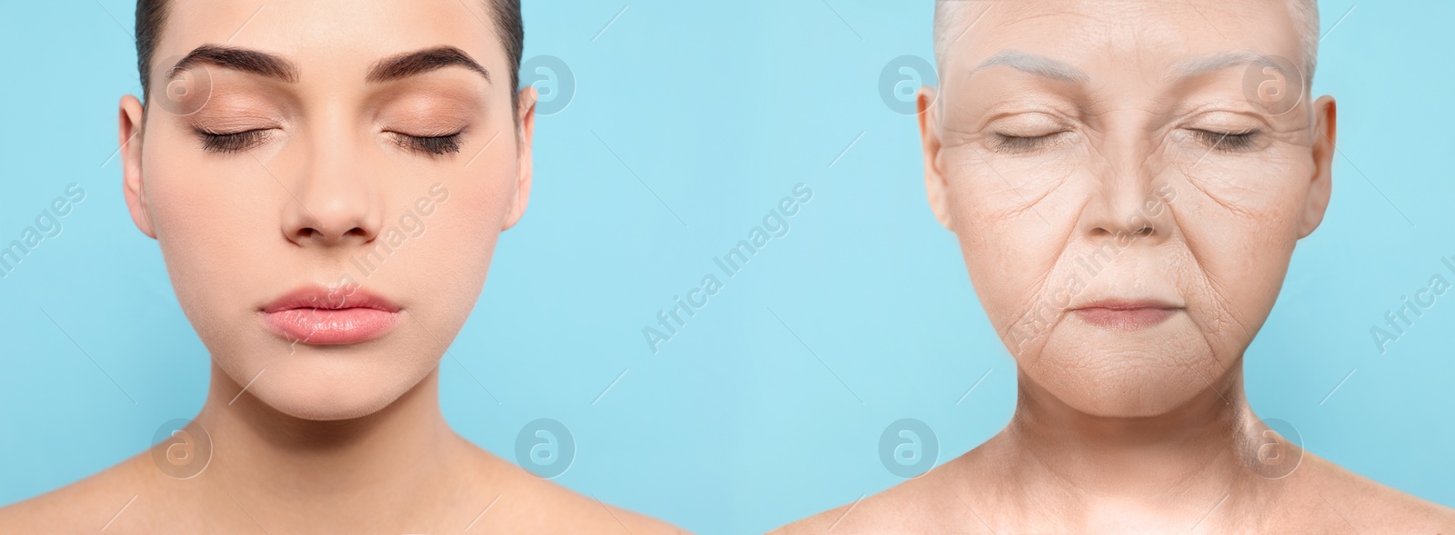 Image of Collage with photos of woman in different ages on light blue background