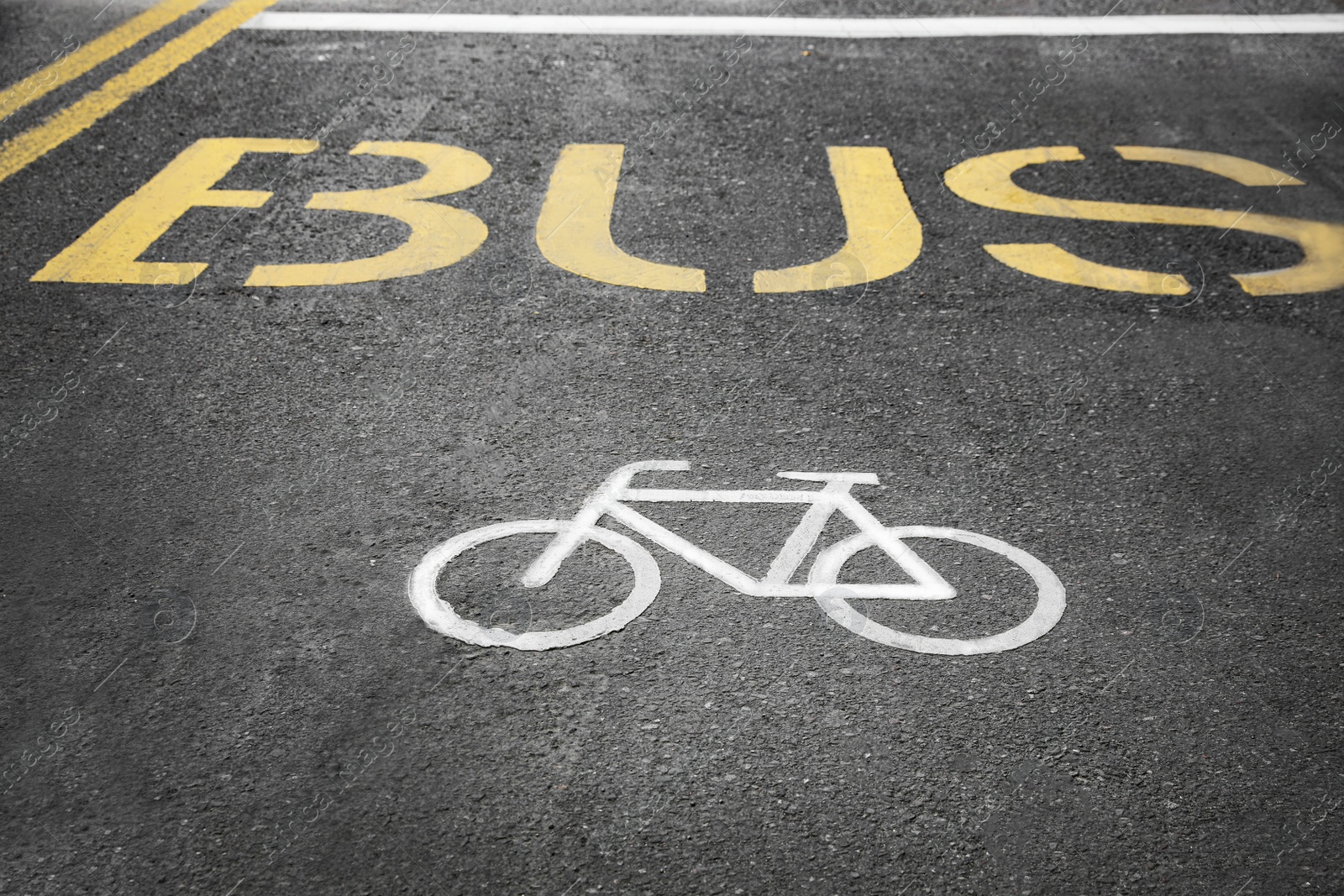 Photo of Bicycle and bus lane signs painted on asphalt