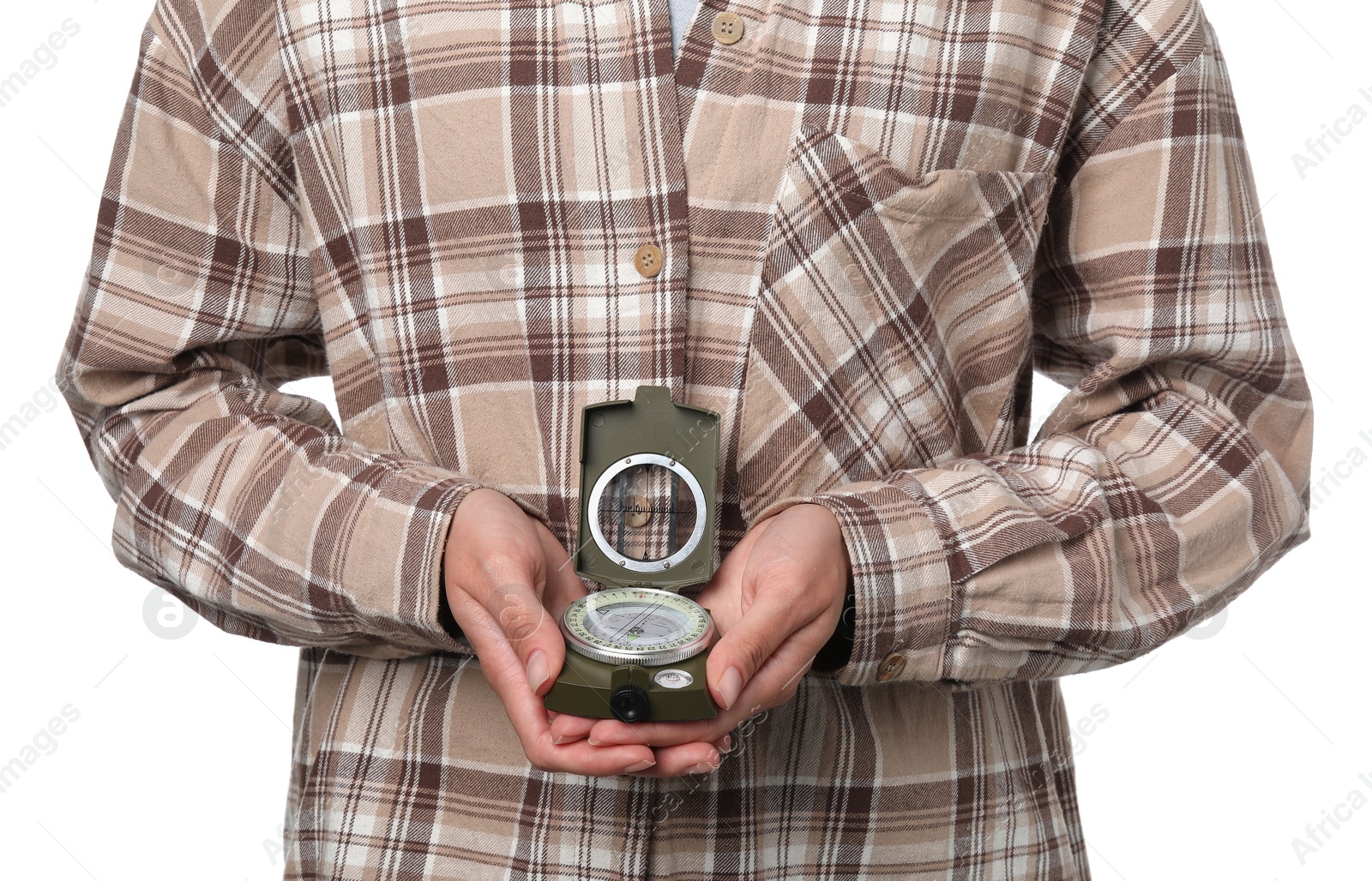 Photo of Woman holding compass on white background, closeup