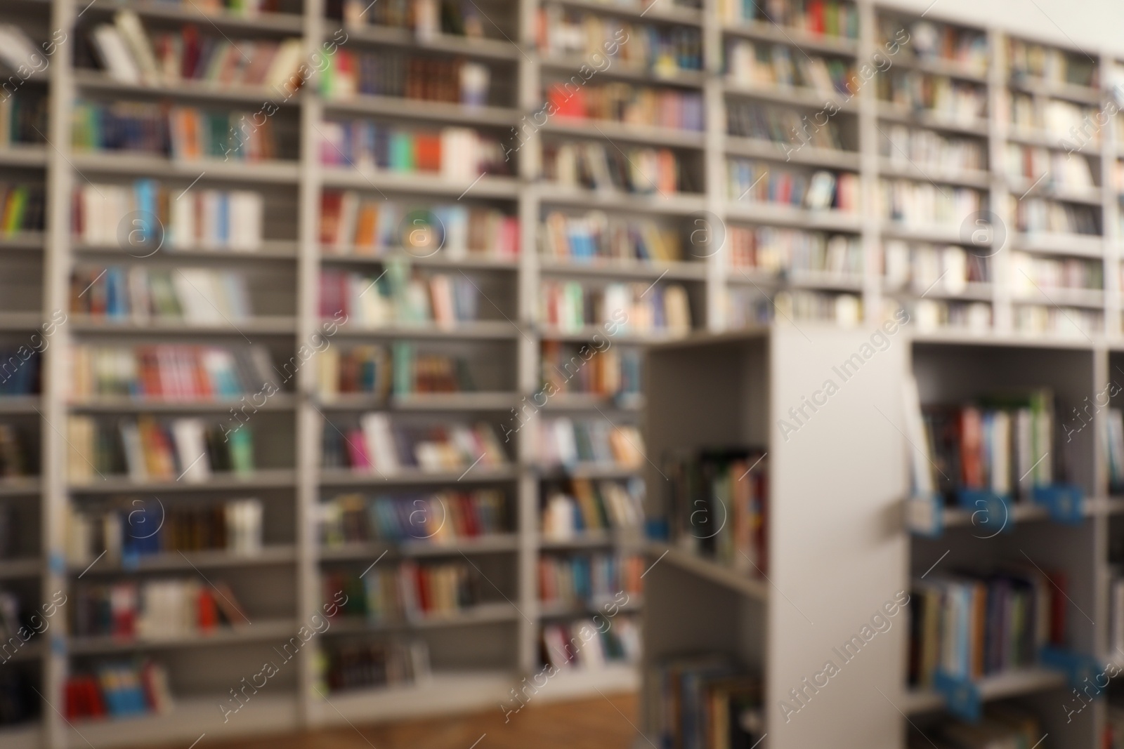 Photo of Blurred view of library interior with bookcases