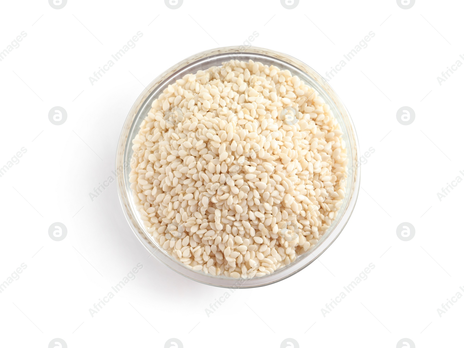 Photo of Sesame seeds in bowl on white background, top view. Delicious sauce condiment