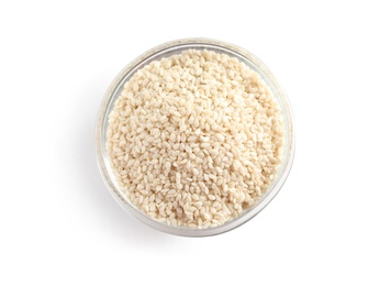 Photo of Sesame seeds in bowl on white background, top view. Delicious sauce condiment