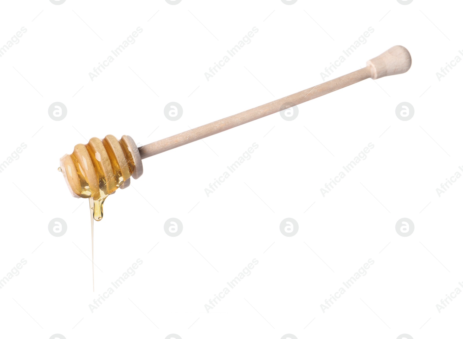 Photo of Fresh honey dripping from dipper on white background