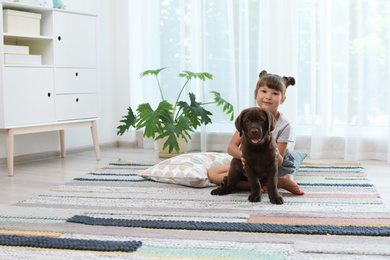 Adorable chocolate labrador retriever and little girl at home