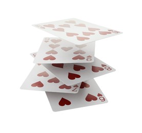 Photo of Different playing cards floating on white background. Poker game
