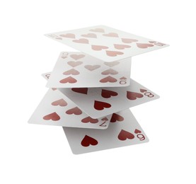 Different playing cards floating on white background. Poker game