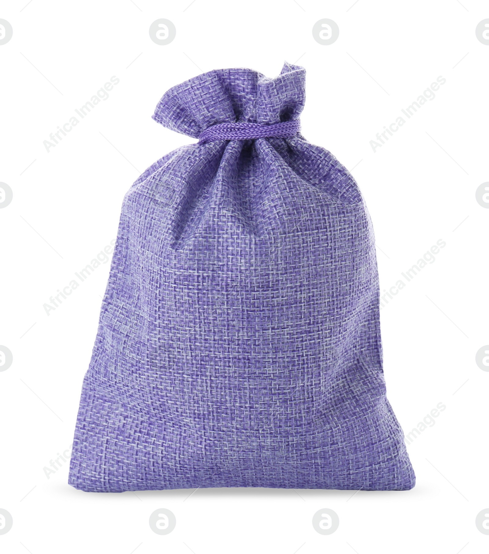 Photo of One violet burlap bag isolated on white