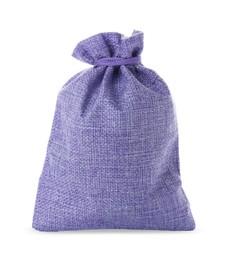 Photo of One violet burlap bag isolated on white