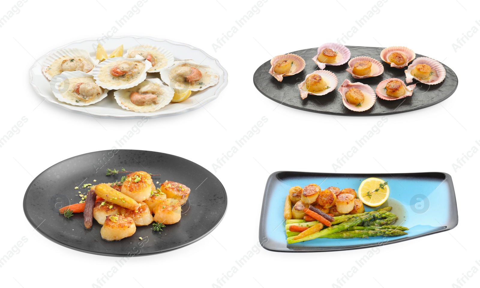 Image of Delicious fried scallops isolated on white, set