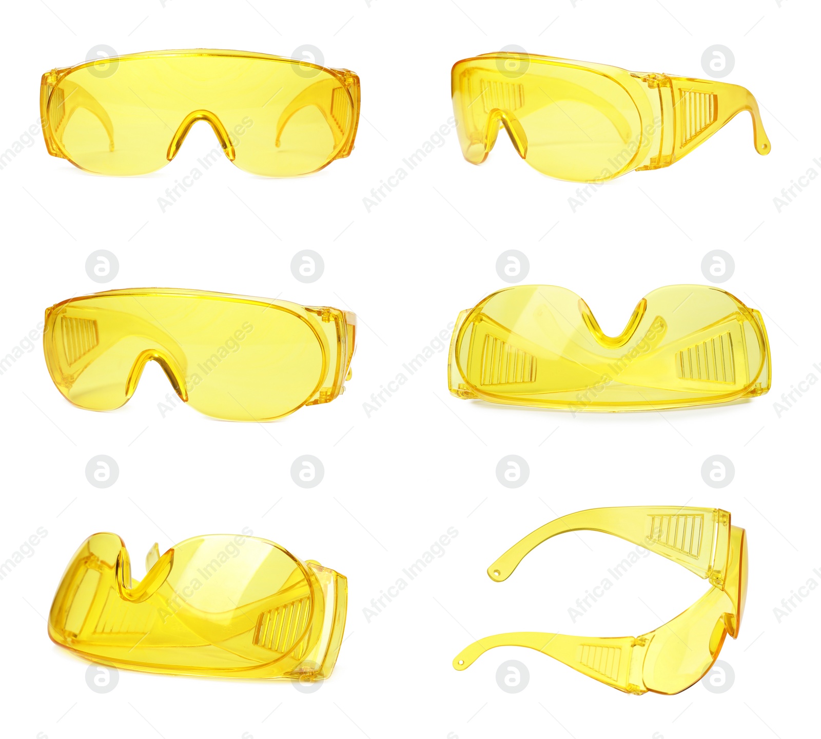 Image of Set with protective goggles on white background. Construction tool