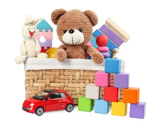 Photo of Many different children's toys and wicker basket isolated on white