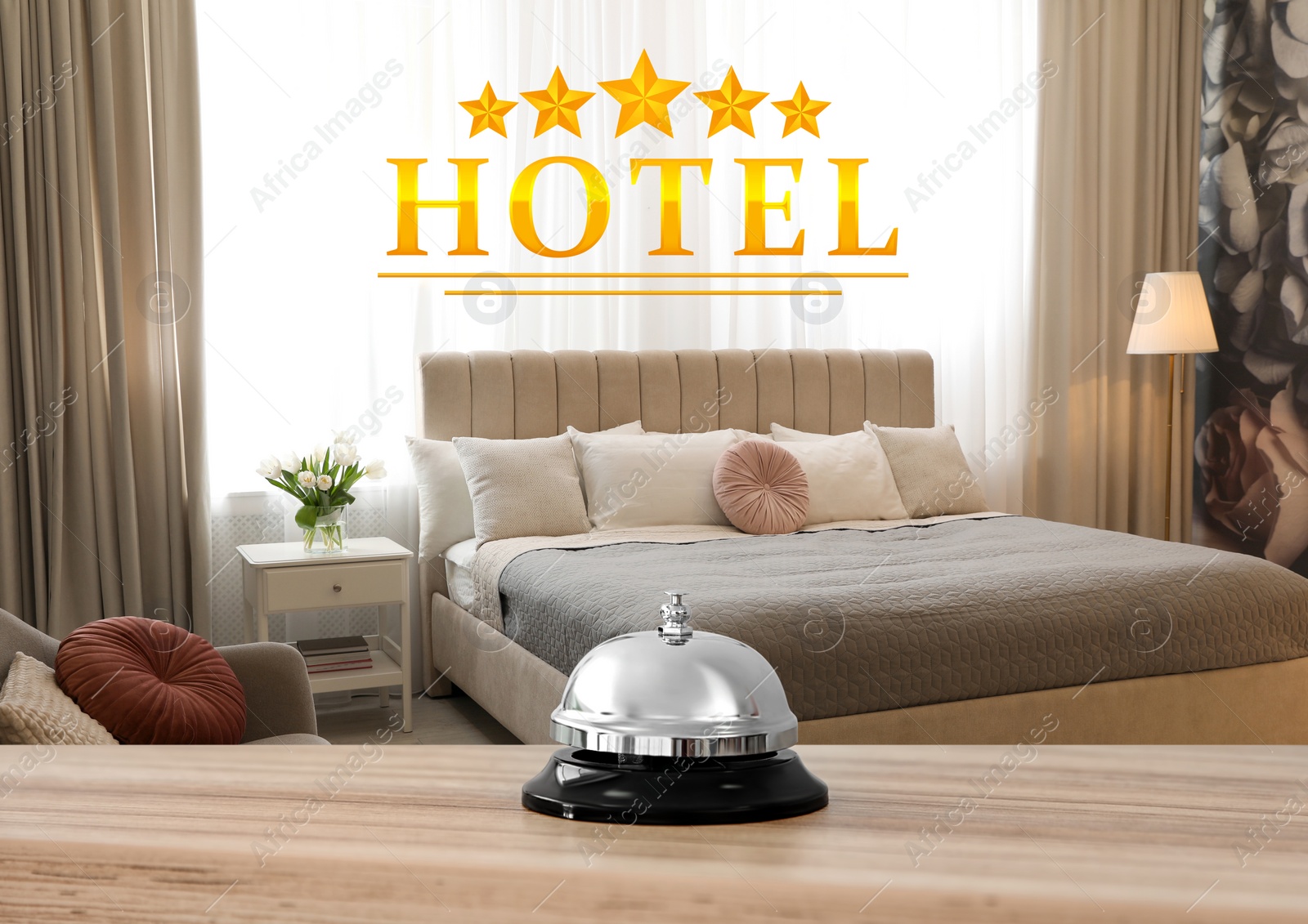 Image of 5 Star hotel. Reception desk with service bell and view of luxury bedroom on background