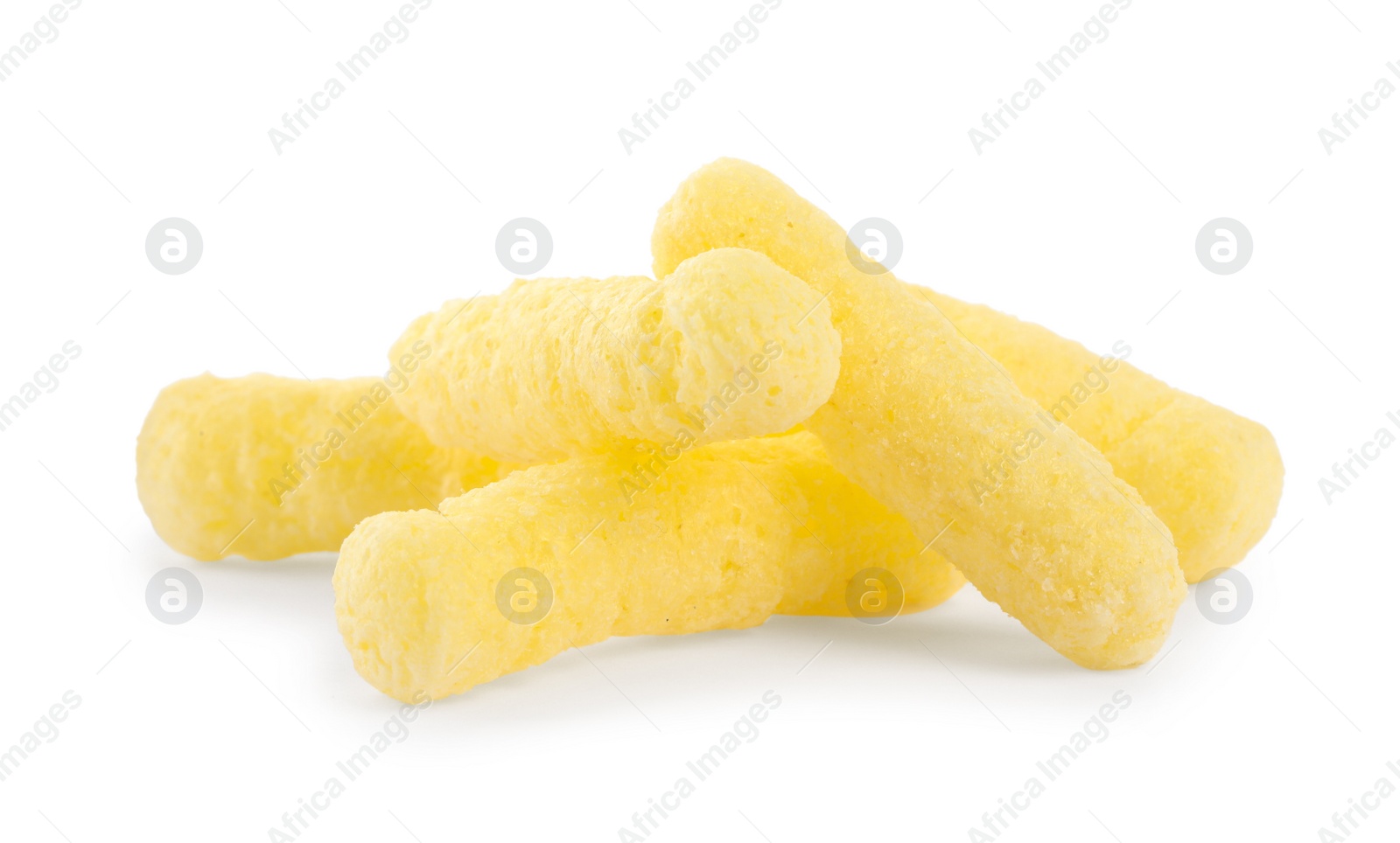 Photo of Pile of tasty corn puffs on white background