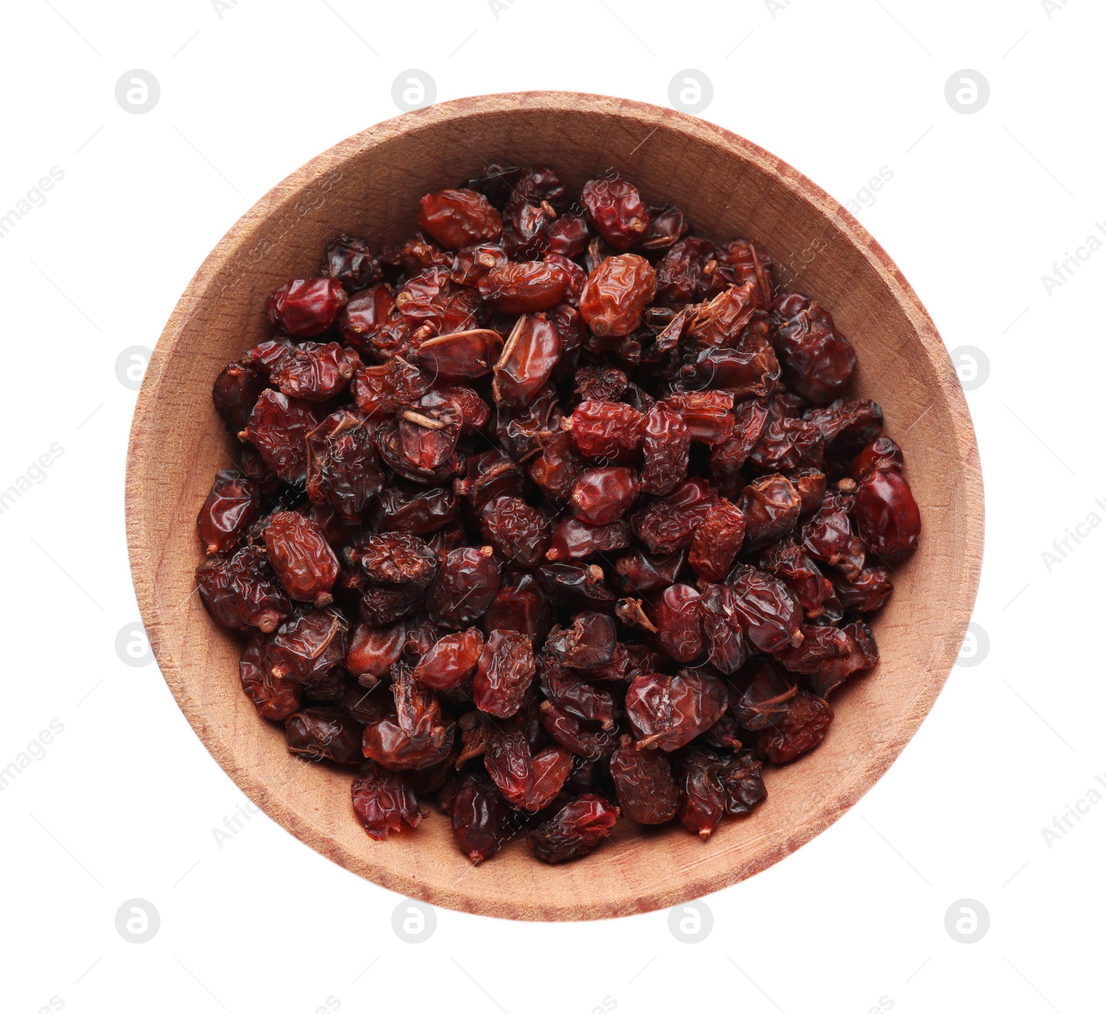 Photo of Dried barberries in wooden bowl isolated on white, top view