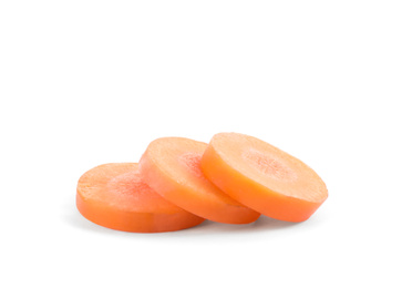 Photo of Slices of fresh ripe carrot isolated on white
