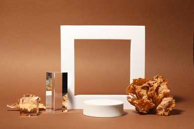 Autumn presentation for product. Geometric figures and dry leaves on brown background