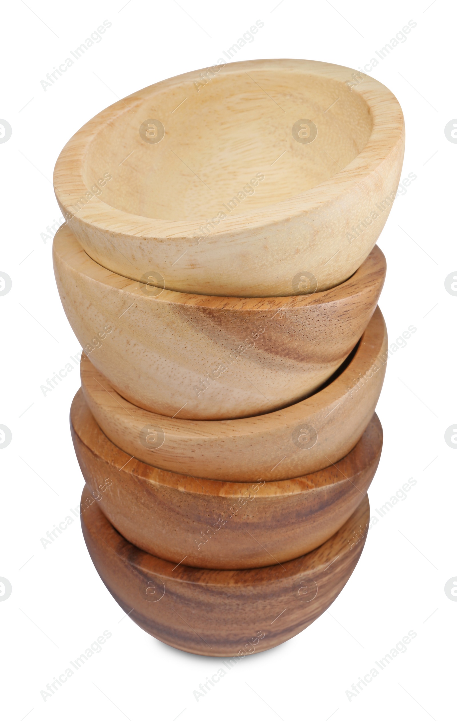 Photo of Set of wooden bowls on white background