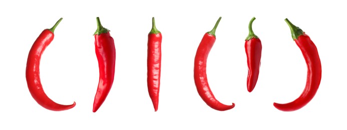 Image of Set with red hot chili peppers on white background. Banner design