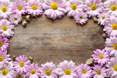 Beautiful chamomile flowers on wooden background, flat lay with space for text