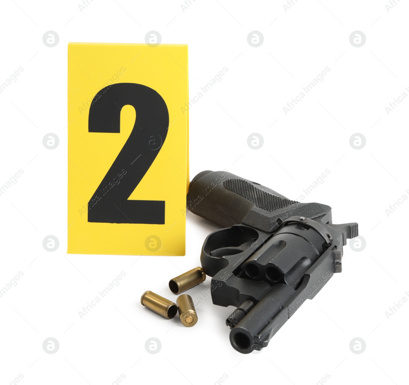 Photo of Gun and crime scene marker with number two isolated on white