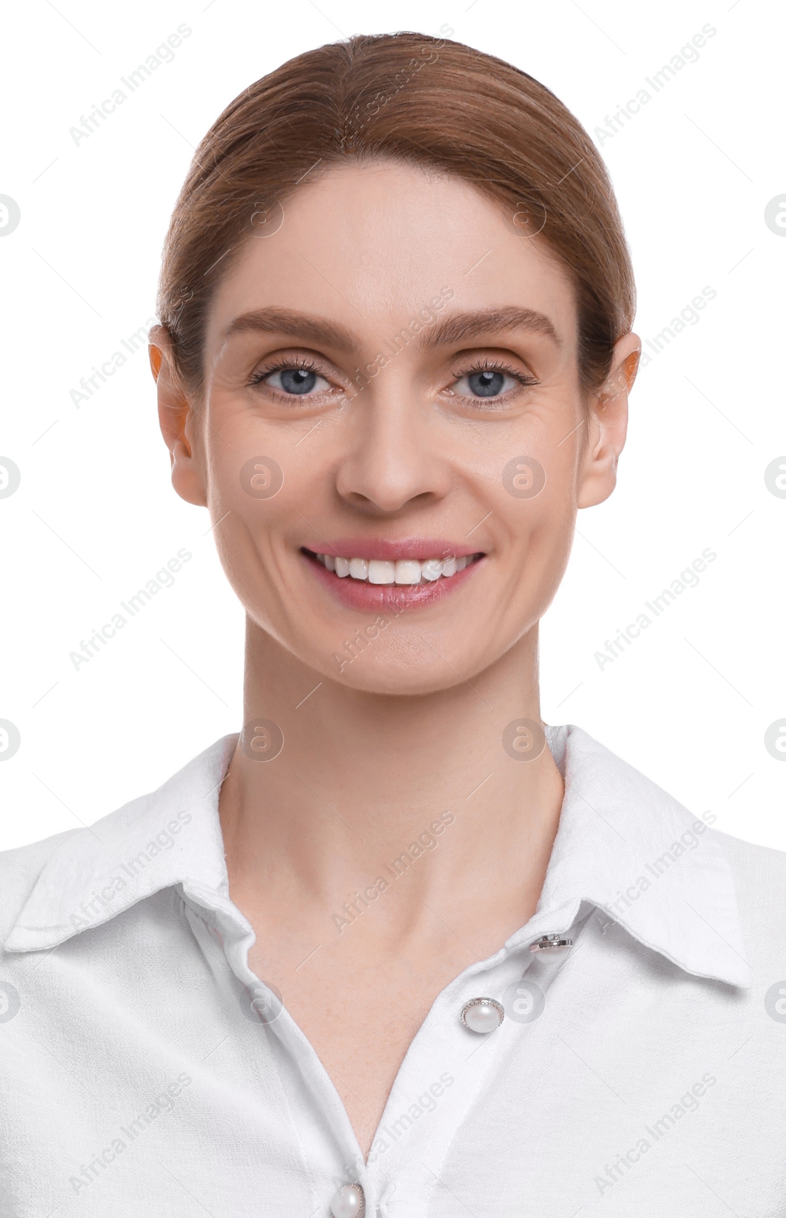 Image of Passport photo. Portrait of woman on white background