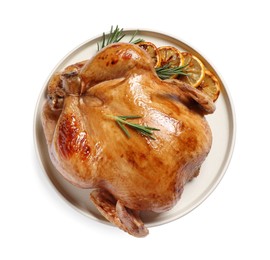 Photo of Tasty roasted chicken with rosemary and lemon isolated on white, top view