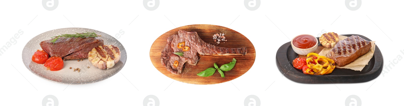 Image of Delicious fried beef meat, vegetables and spices isolated on white, set