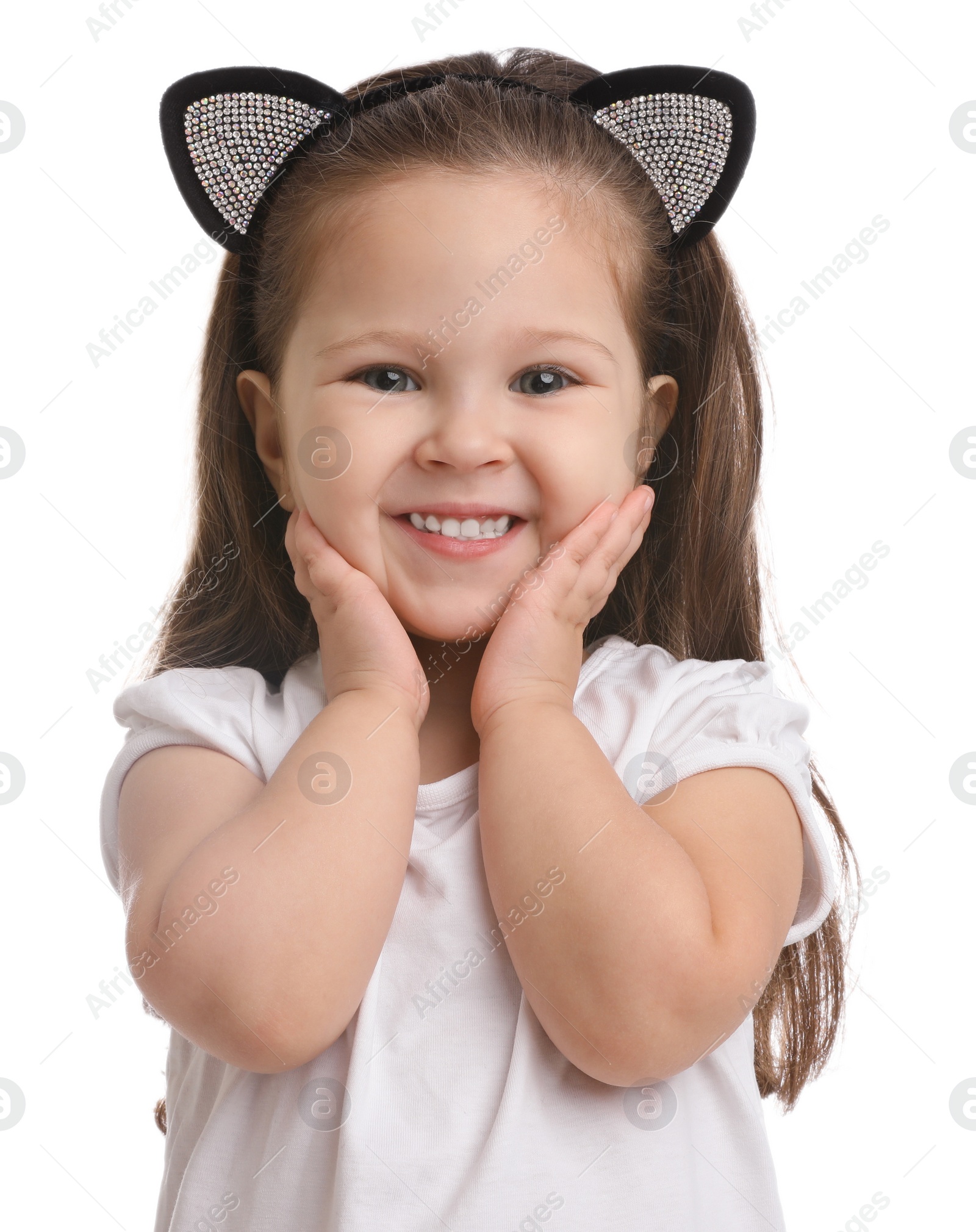 Photo of Portrait of cute little girl on white background