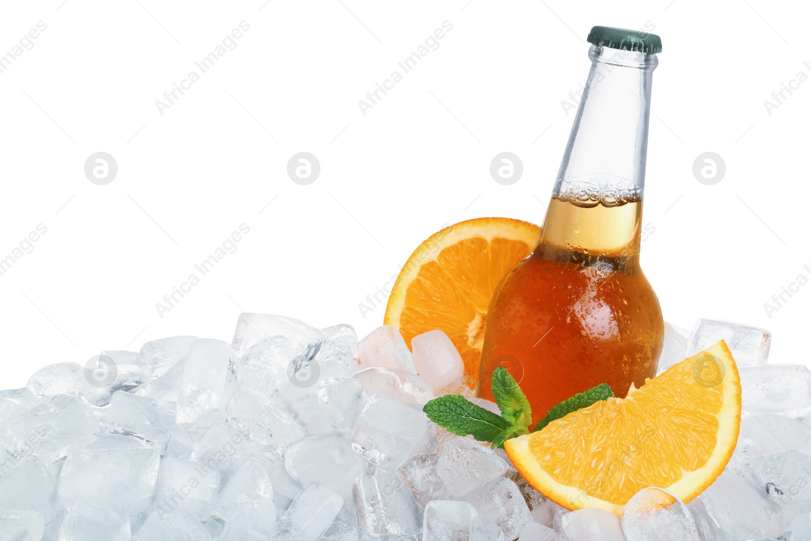 Photo of Ice cubes, drink and orange on white background