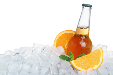 Ice cubes, drink and orange on white background