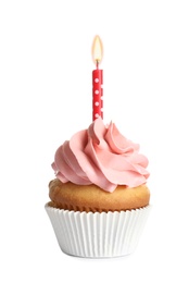 Photo of Delicious birthday cupcake with candle on white background