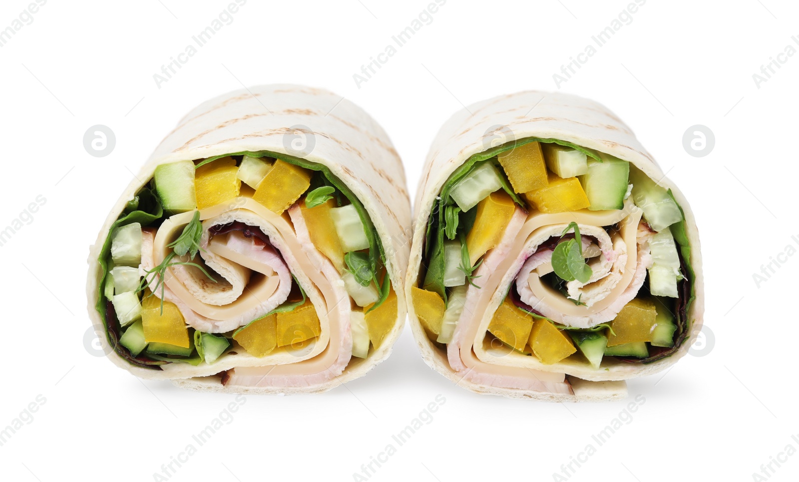 Photo of Delicious sandwich wraps with fresh vegetables isolated on white