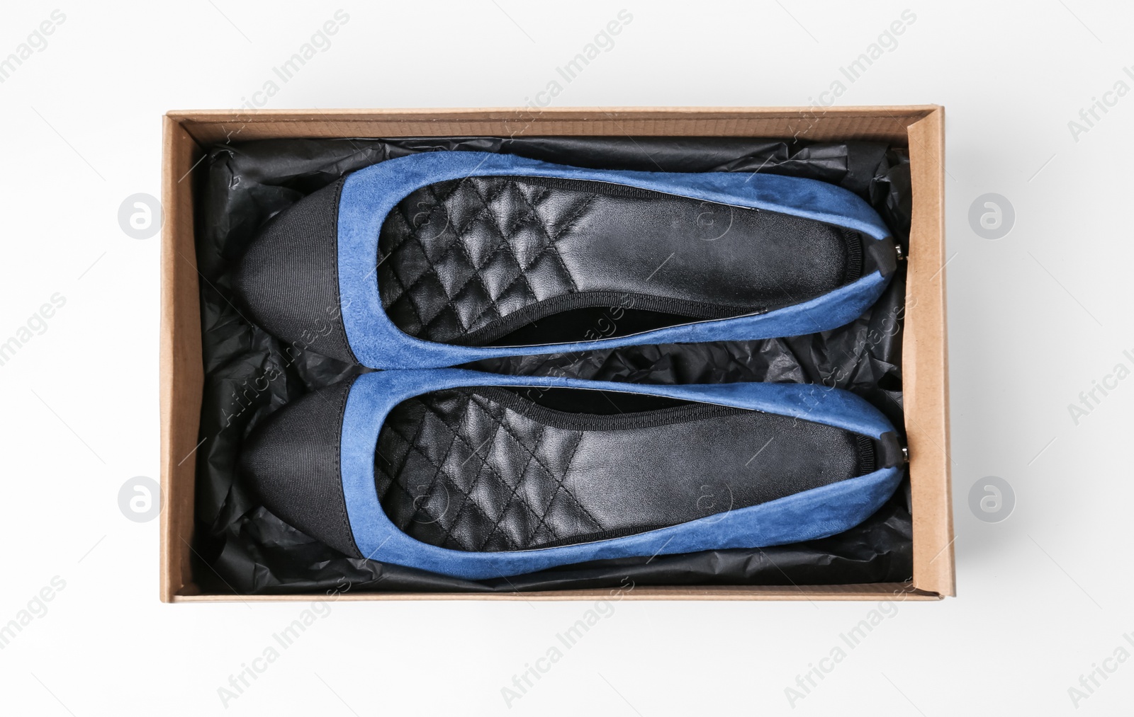 Photo of Pair of female shoes in box on white background, top view