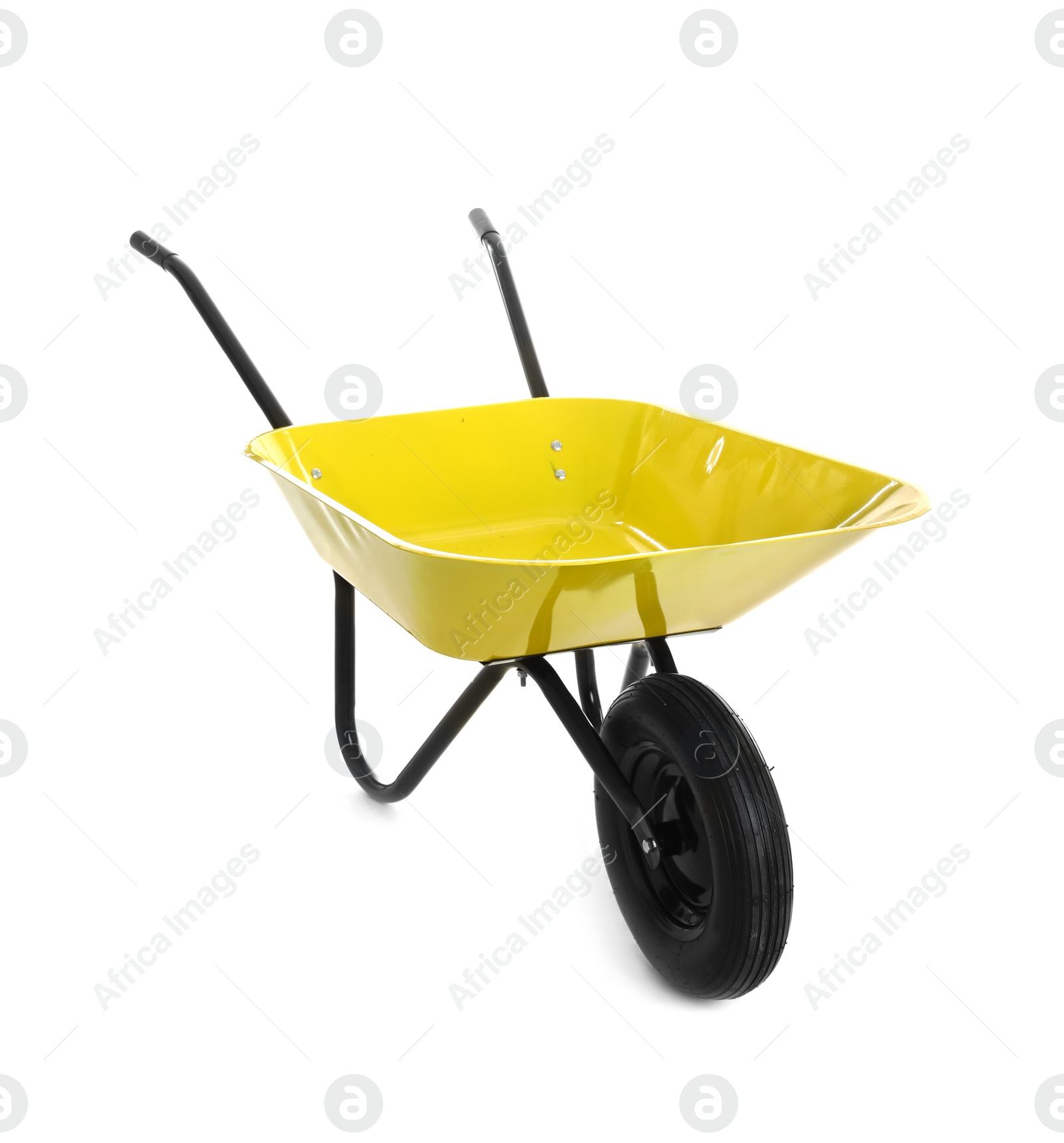 Photo of Color wheelbarrow isolated on white. Gardening tool