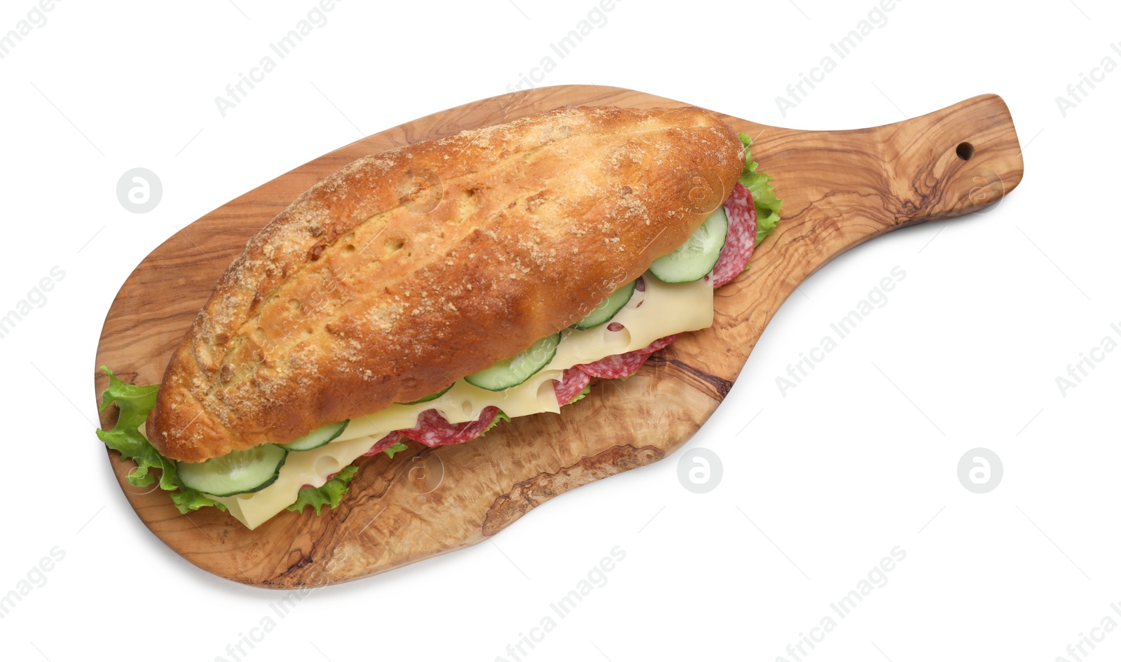 Photo of Delicious sandwich with cucumber, cheese, salami and lettuce leaves isolated on white, top view