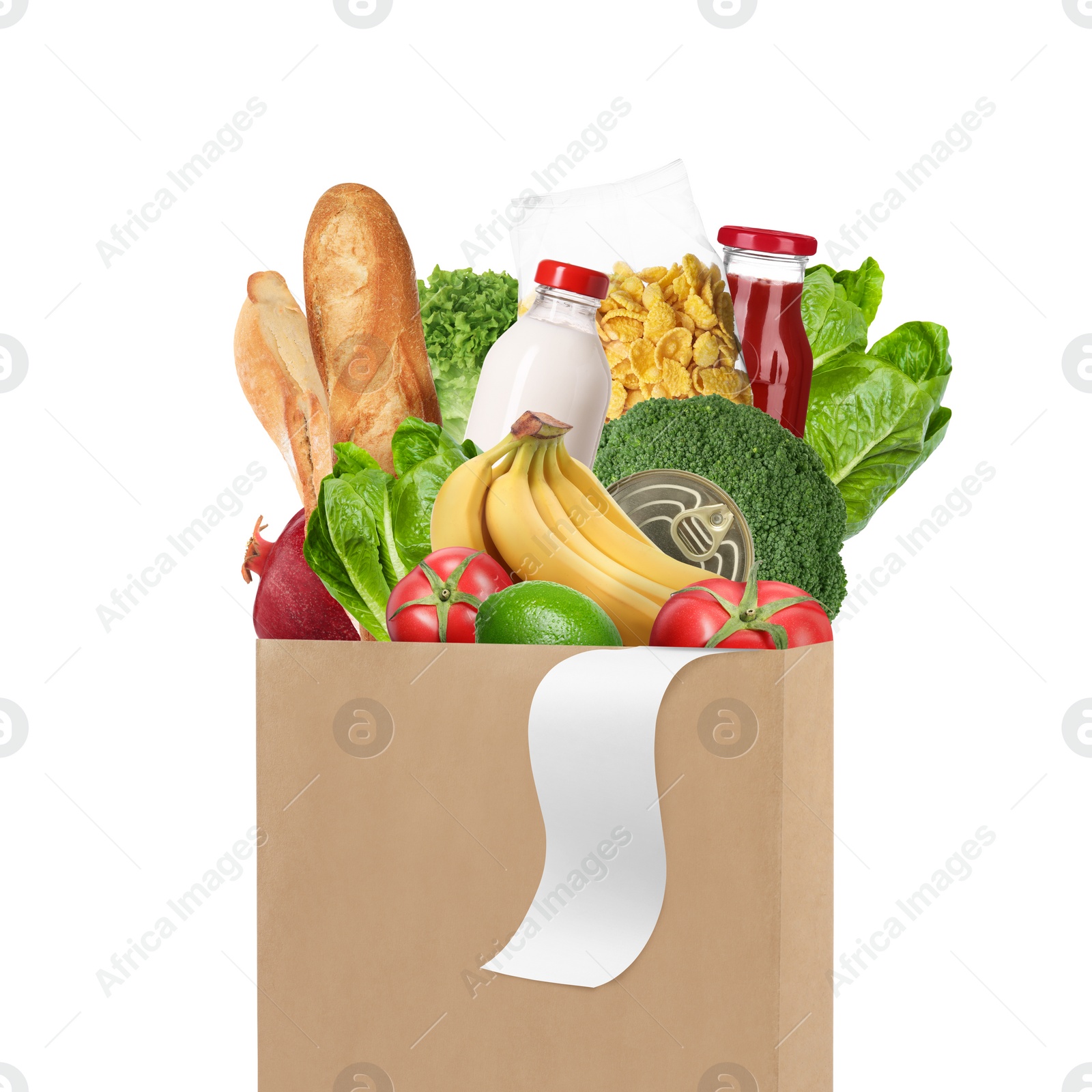 Image of Paper bag with different products and receipt isolated on white