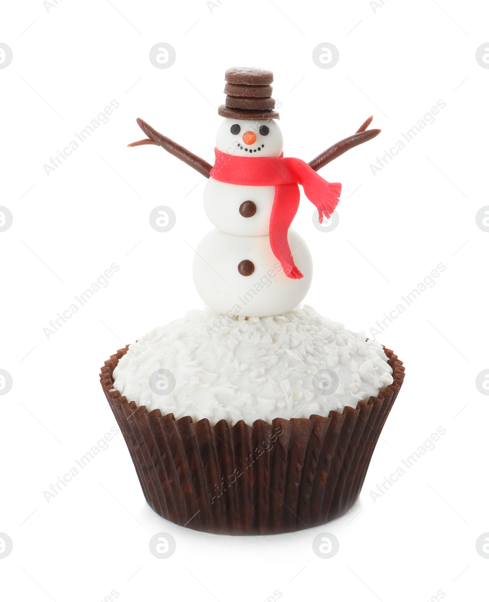 Photo of Beautiful Christmas cupcake with snowman isolated on white