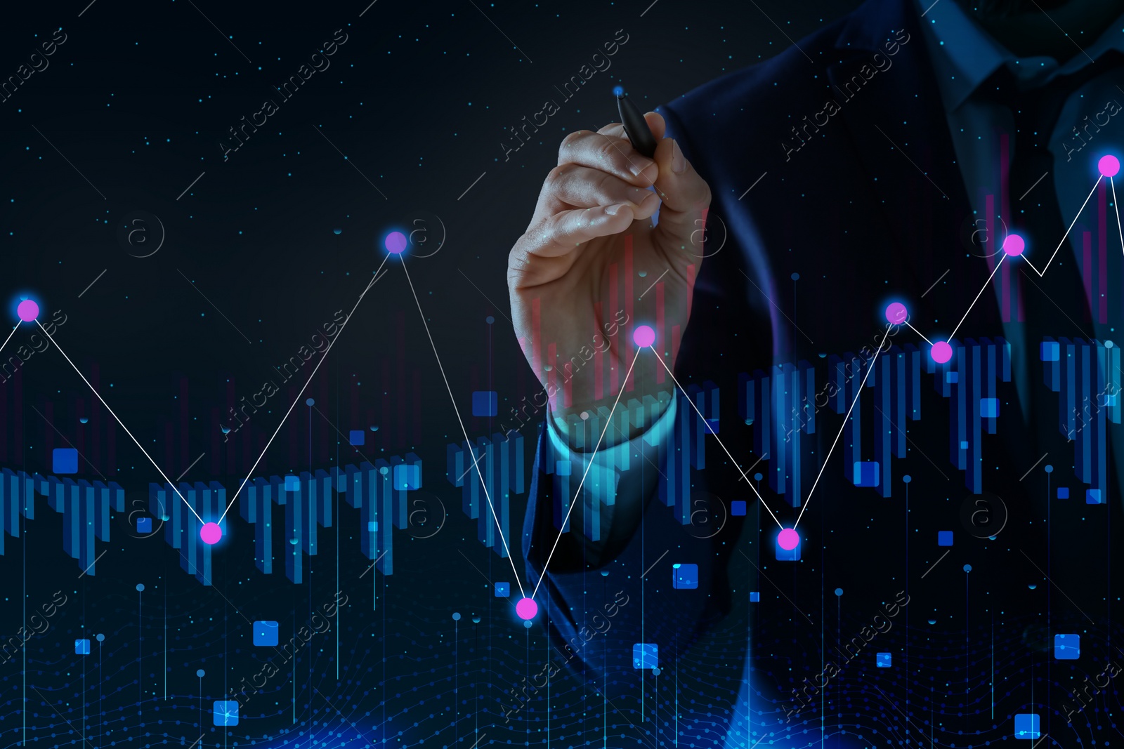 Image of Businessman drawing growth graph on virtual screen, closeup. Investment concept