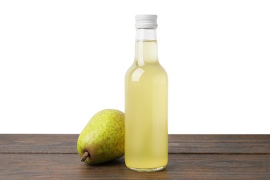 Photo of Delicious kombucha in glass bottle and pear on wooden table against white background